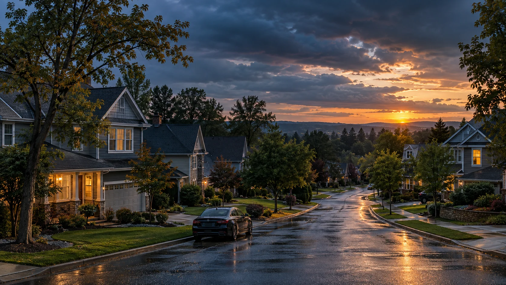 Illustrative neighborhood scene with varied homes, a parked car, and warm light breaking through storm clouds.